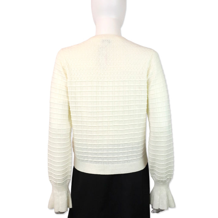 Chanel White Ribbed Cable Knit Wool Poet Sleeve Cardigan Sweater