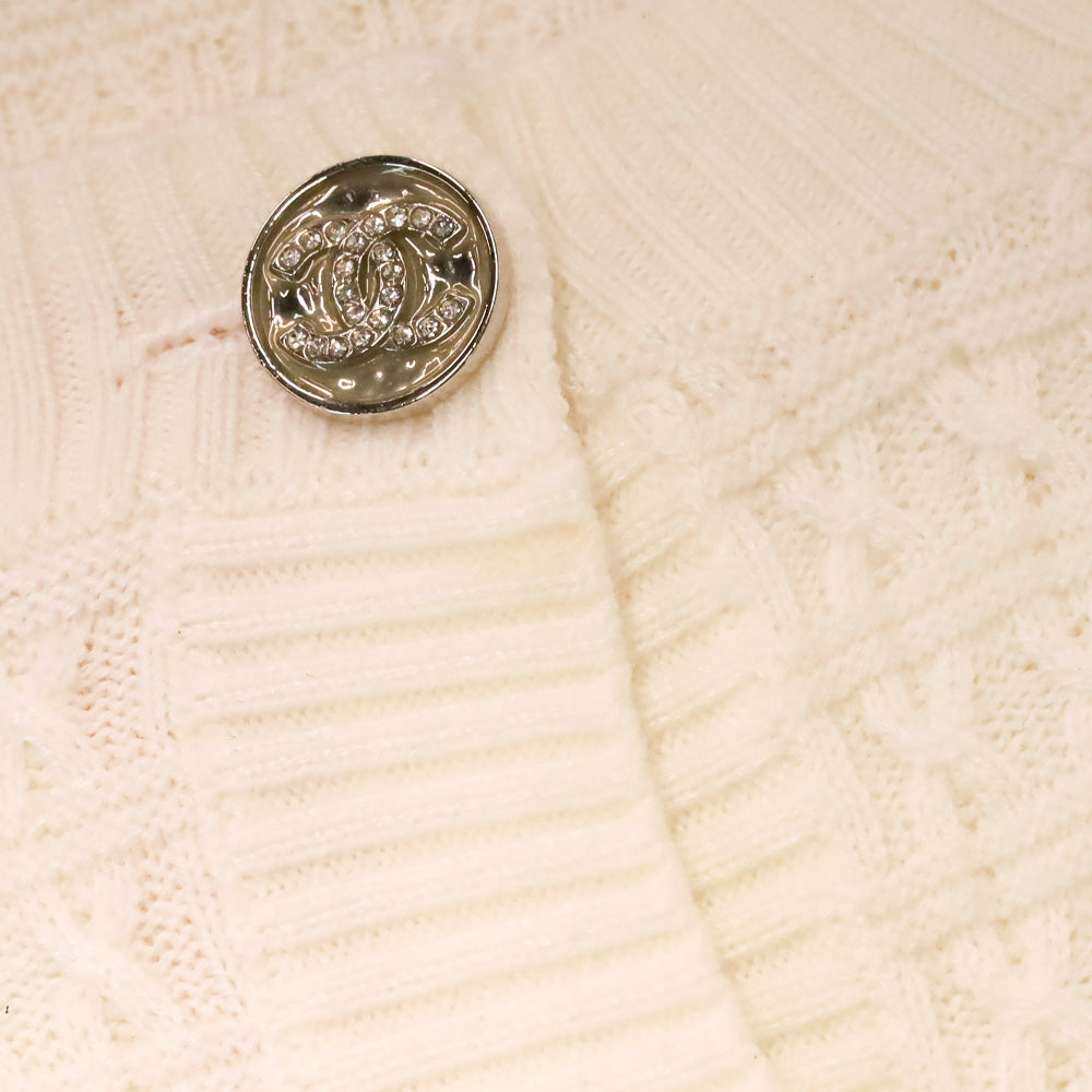 Chanel White Ribbed Cable Knit Wool Poet Sleeve Cardigan Sweater