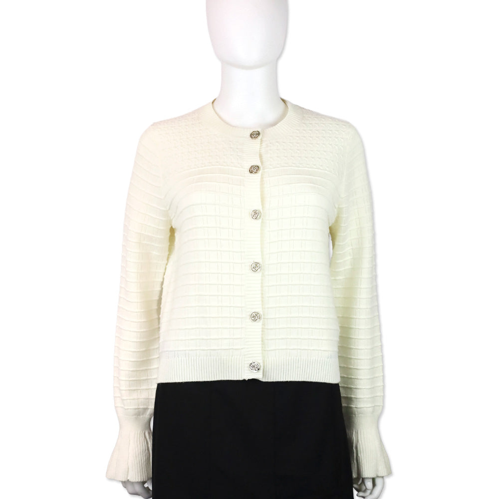 Chanel White Ribbed Cable Knit Wool Poet Sleeve Cardigan Sweater