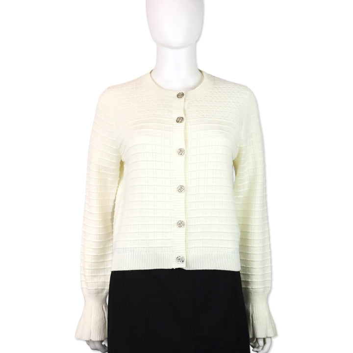 Chanel White Ribbed Cable Knit Wool Poet Sleeve Cardigan Sweater