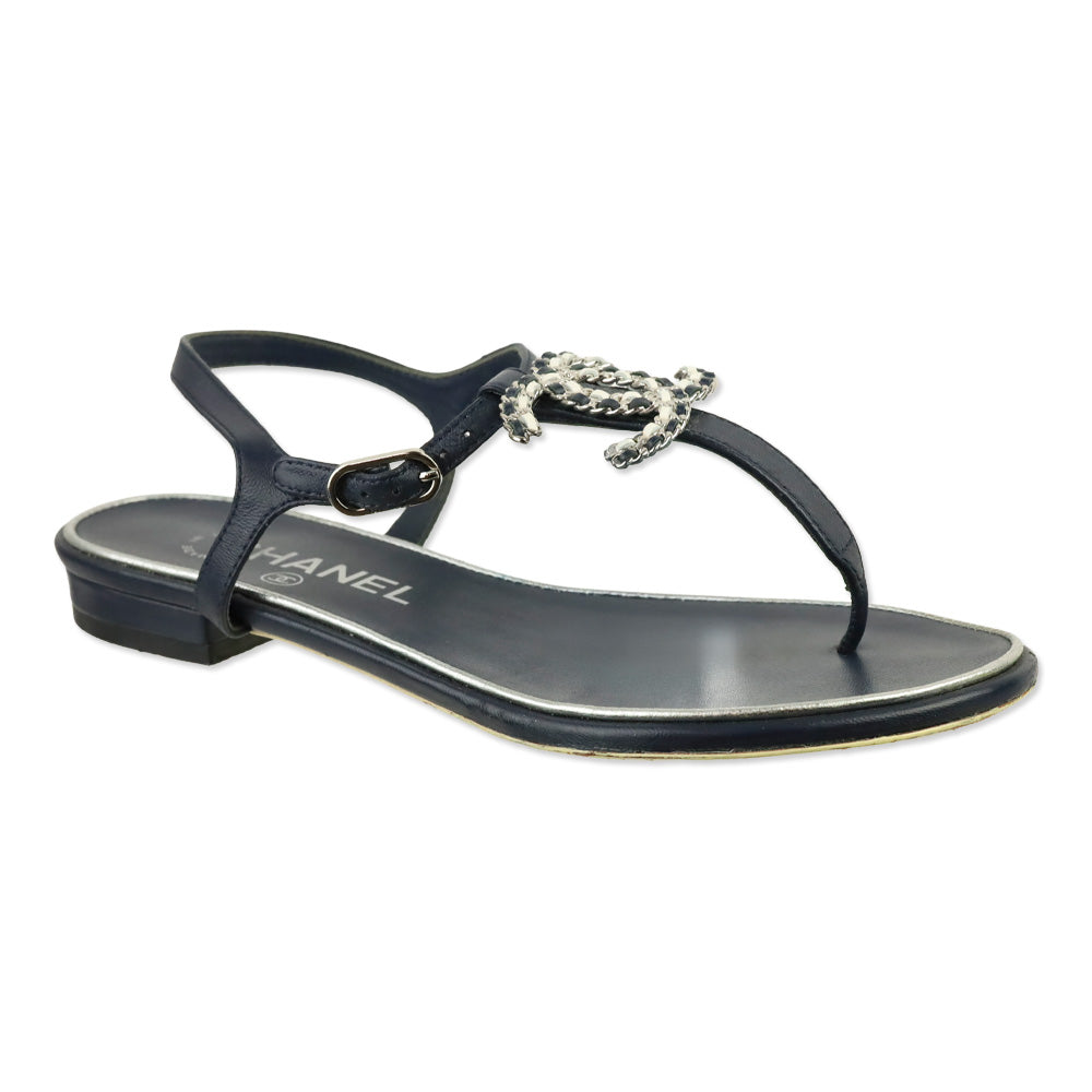 Chanel White/Navy Woven Leather CC Thong Sandals