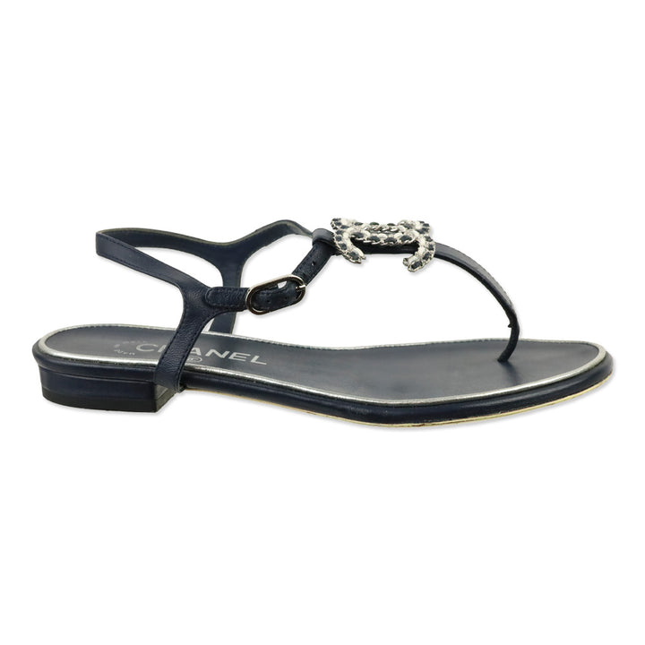 Chanel White/Navy Woven Leather CC Thong Sandals