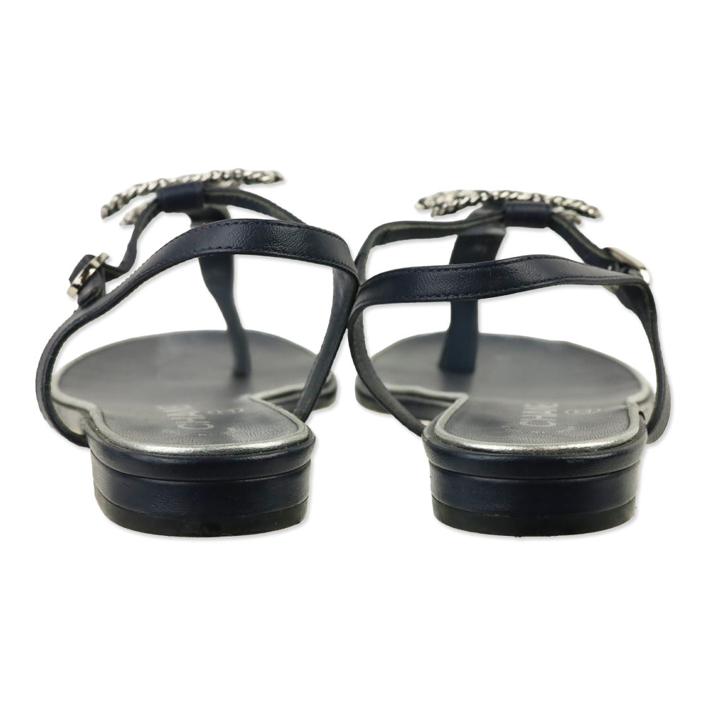 Chanel White/Navy Woven Leather CC Thong Sandals