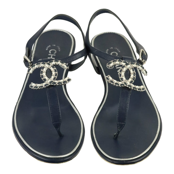 Chanel White/Navy Woven Leather CC Thong Sandals