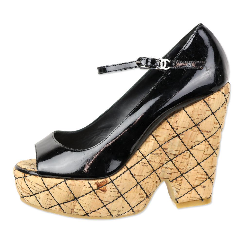 Chanel 2007 Black Patent Mary Jane Quilted Puff Cork Peep Toe Platform Pump