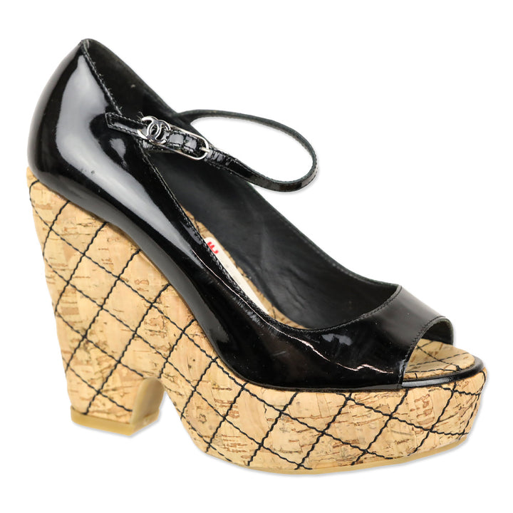 Chanel 2007 Black Patent Mary Jane Quilted Puff Cork Peep Toe Platform Pump
