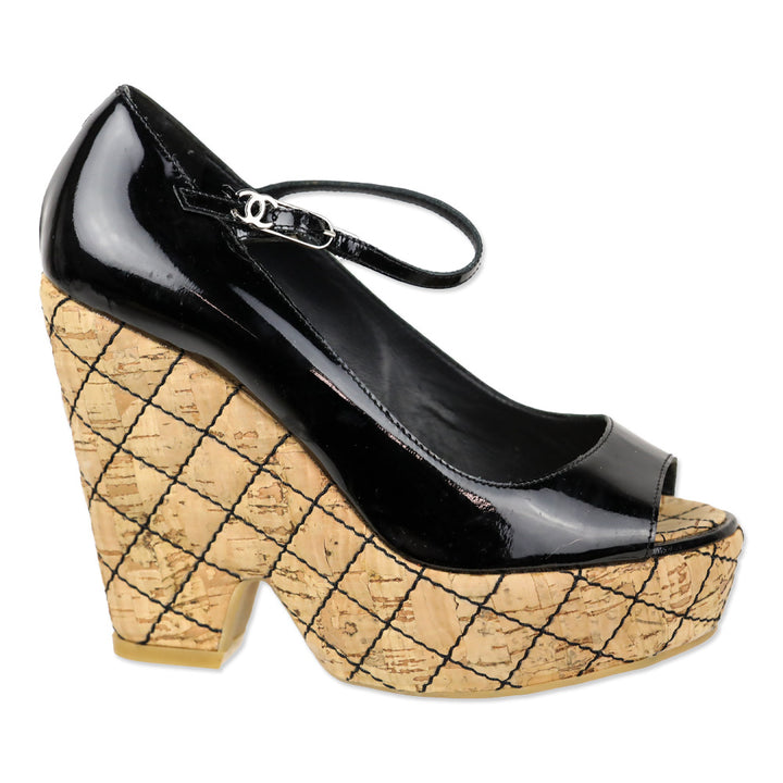 Chanel 2007 Black Patent Mary Jane Quilted Puff Cork Peep Toe Platform Pump