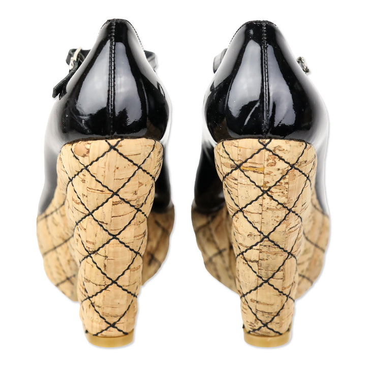 Chanel 2007 Black Patent Mary Jane Quilted Puff Cork Peep Toe Platform Pump
