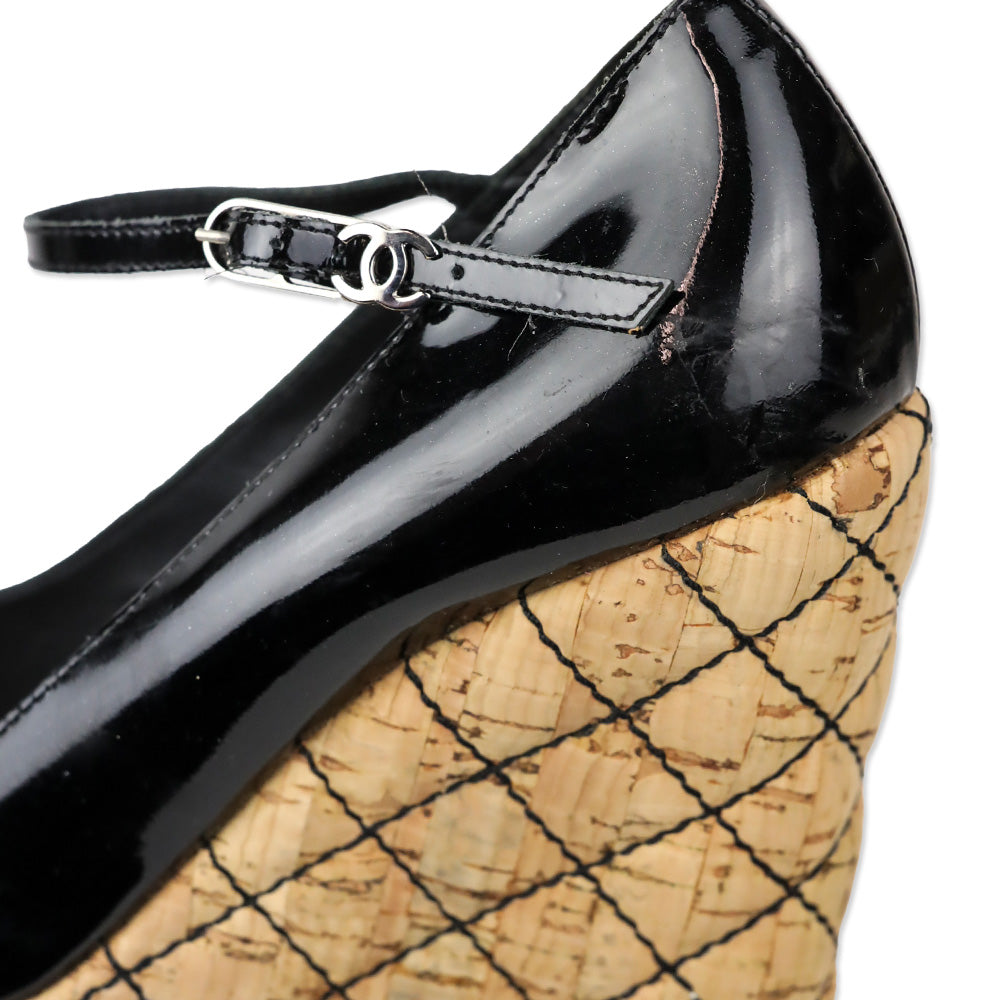 Chanel 2007 Black Patent Mary Jane Quilted Puff Cork Peep Toe Platform Pump