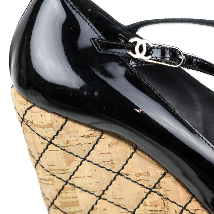 Chanel 2007 Black Patent Mary Jane Quilted Puff Cork Peep Toe Platform Pump