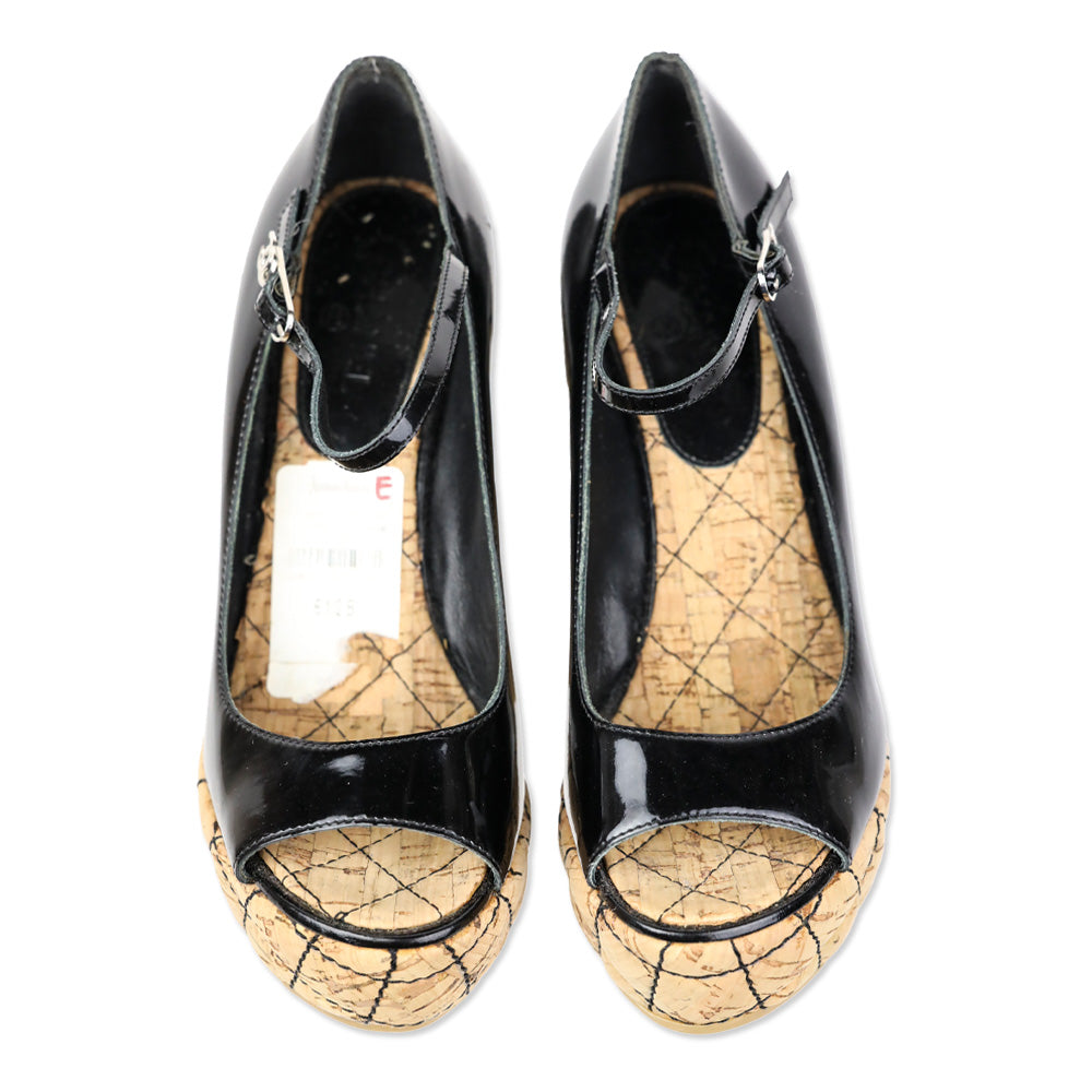 Chanel 2007 Black Patent Mary Jane Quilted Puff Cork Peep Toe Platform Pump