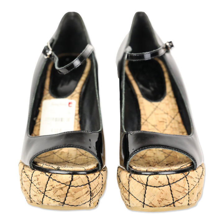 Chanel 2007 Black Patent Mary Jane Quilted Puff Cork Peep Toe Platform Pump
