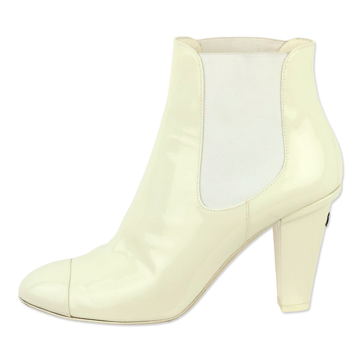 Chanel 22C Ecru Patent Calfskin Ankle Chelsea Boots