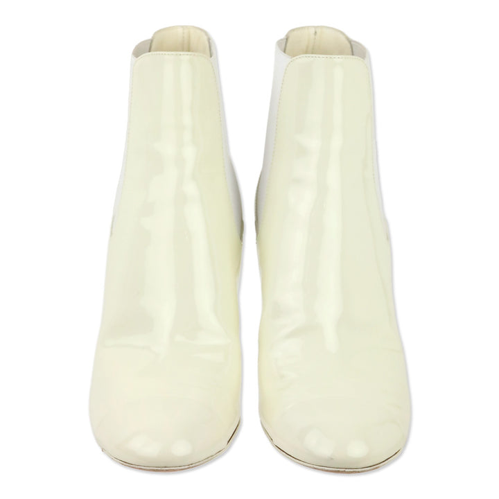 Chanel 22C Ecru Patent Calfskin Ankle Chelsea Boots