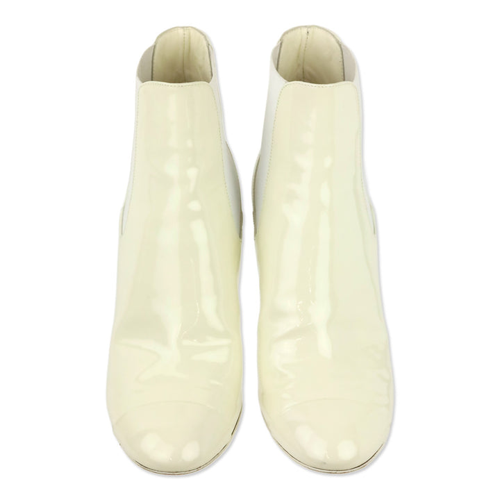 Chanel 22C Ecru Patent Calfskin Ankle Chelsea Boots