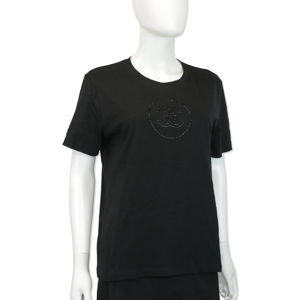 Chanel Black Cotton Rhinestone CC Logo T-Shirt