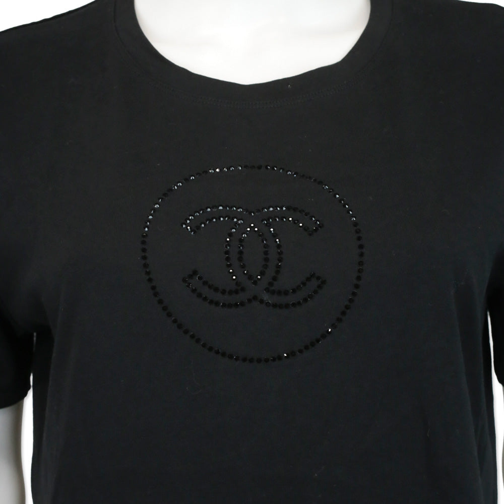 Chanel Black Cotton Rhinestone CC Logo T-Shirt