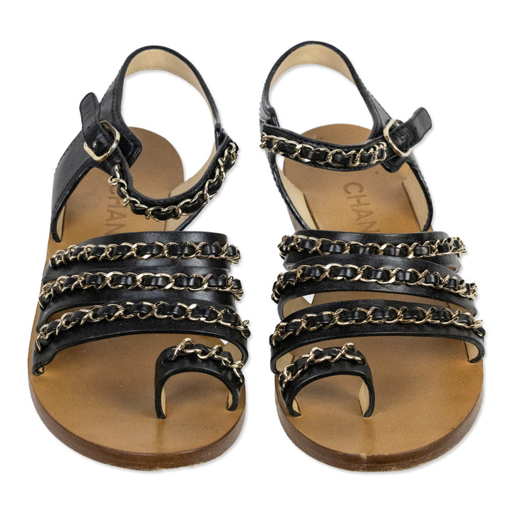 Chanel Black Leather CC Chain Link Sandals