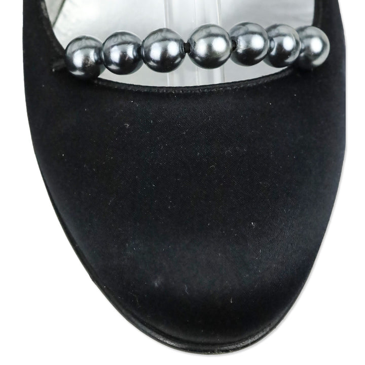 Chanel Black Satin Heels with Pearl Ankle Straps
