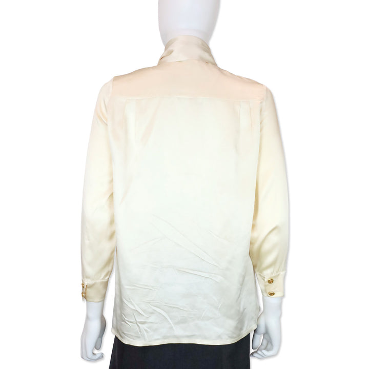 Chanel Boutique (91) Cream Silk Tie-Neck Button Up Blouse