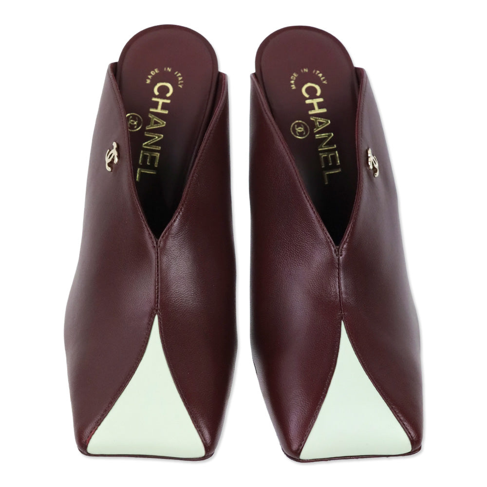 Chanel FW 2026 Dark Burgundy & Light Green Lambskin Mules