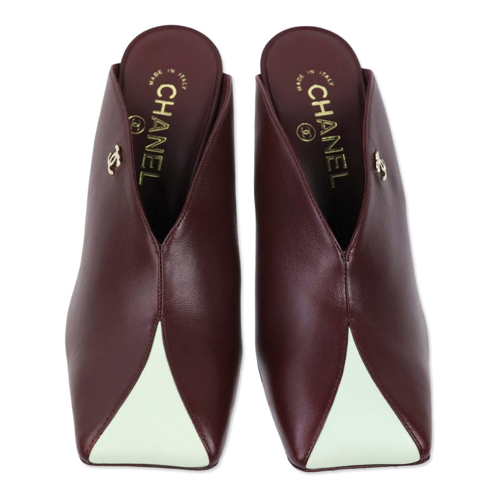 Chanel FW 2026 Dark Burgundy & Light Green Lambskin Mules