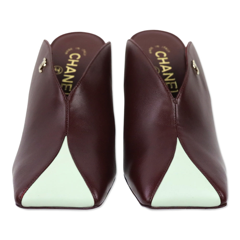 Chanel FW 2026 Dark Burgundy & Light Green Lambskin Mules