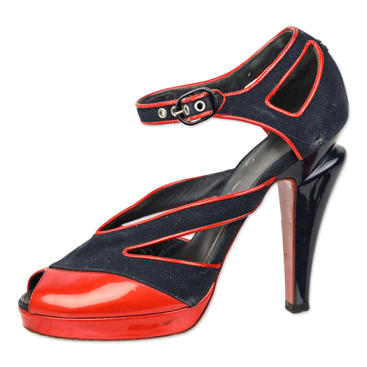 Chanel SS 2008 Red Patent/Blue Canvas Open Toe Heels