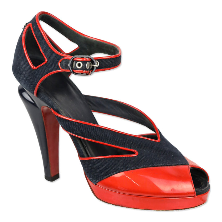 Chanel SS 2008 Red Patent/Blue Canvas Open Toe Heels