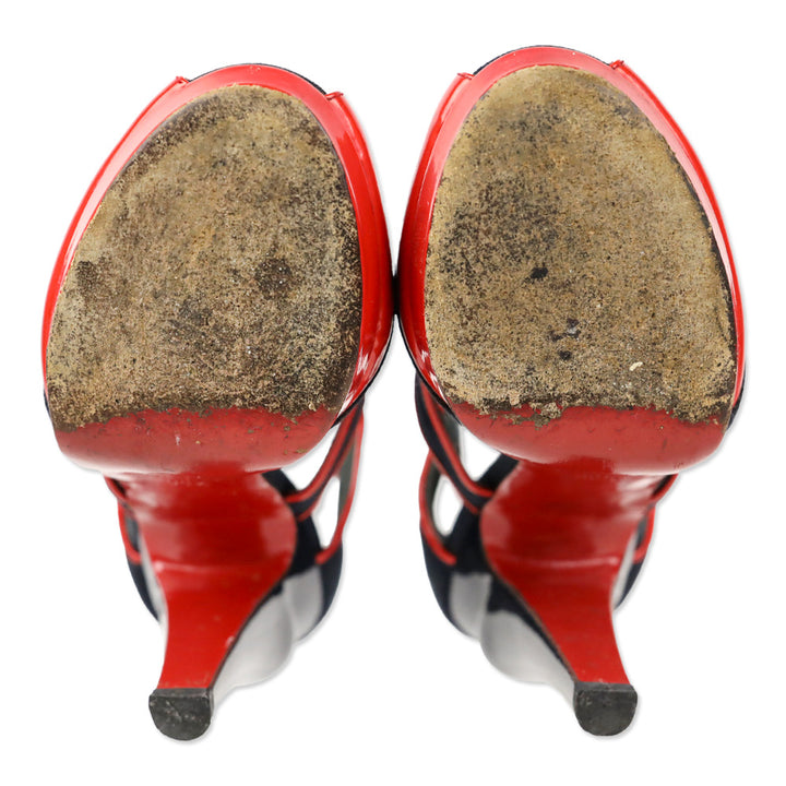 Chanel SS 2008 Red Patent/Blue Canvas Open Toe Heels