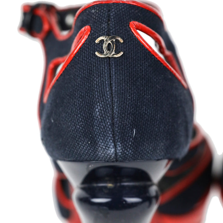 Chanel SS 2008 Red Patent/Blue Canvas Open Toe Heels