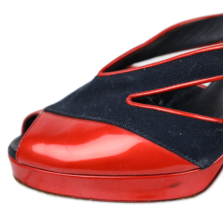 Chanel SS 2008 Red Patent/Blue Canvas Open Toe Heels