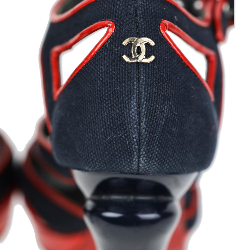 Chanel SS 2008 Red Patent/Blue Canvas Open Toe Heels