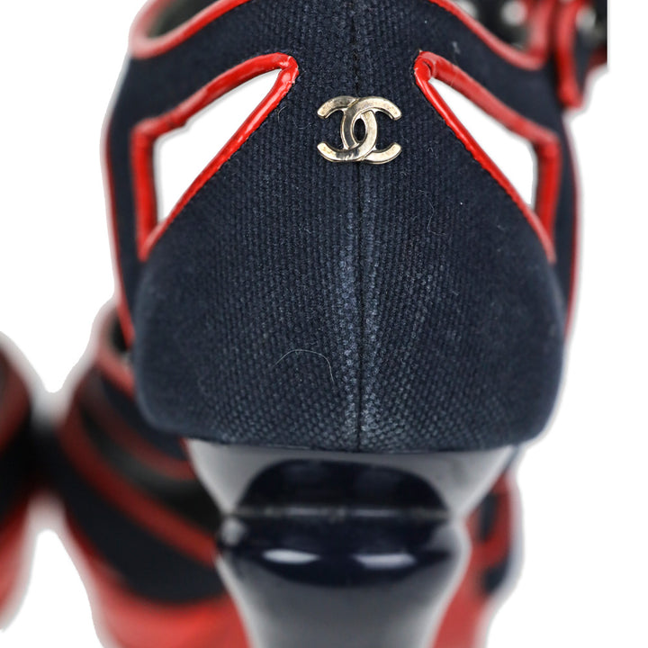 Chanel SS 2008 Red Patent/Blue Canvas Open Toe Heels