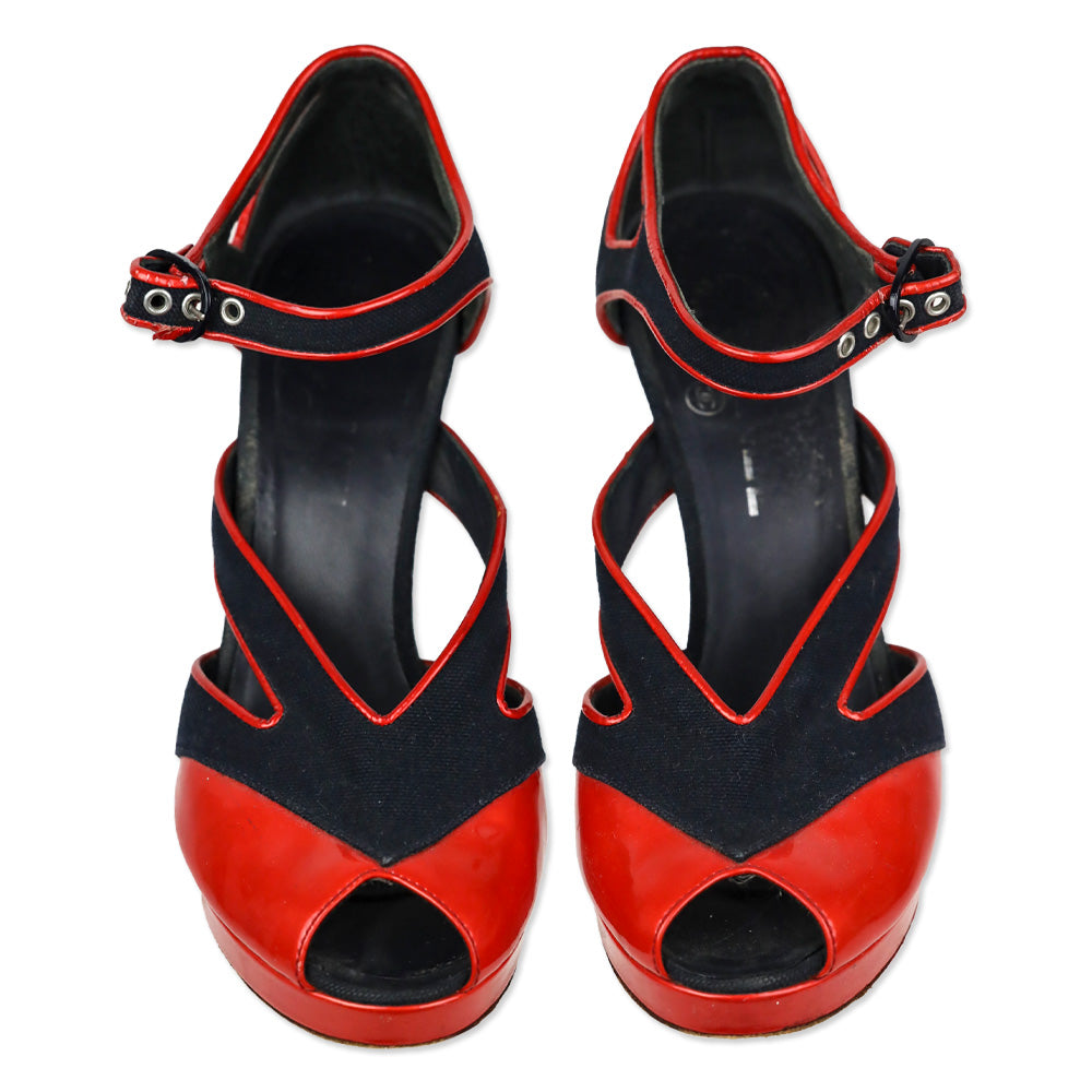 Chanel SS 2008 Red Patent/Blue Canvas Open Toe Heels