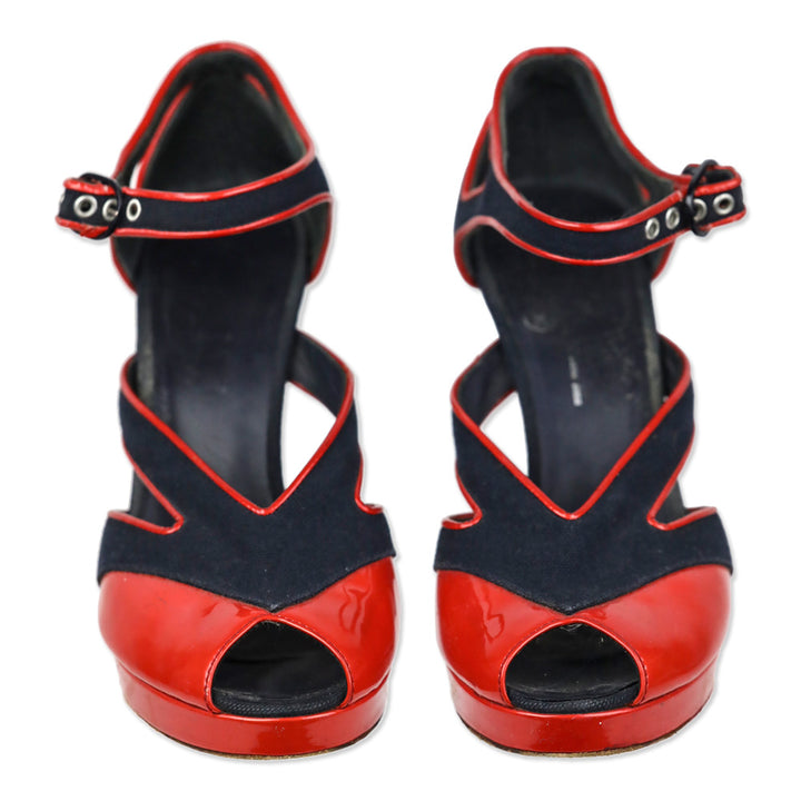 Chanel SS 2008 Red Patent/Blue Canvas Open Toe Heels