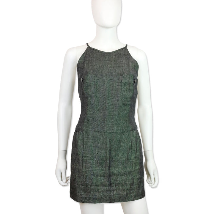 Chanel S/S 1996 Charcoal Gray Linen Sleeveless Halter Shift Dress