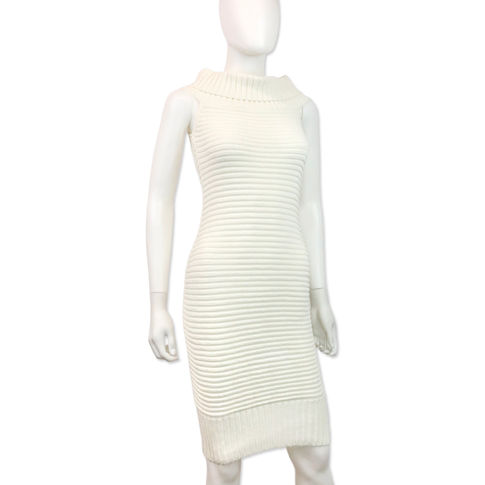 Chanel Spring 2009 White Ribbed Knit Cotton-Blend Off-The-Shoulder Sweater Dress