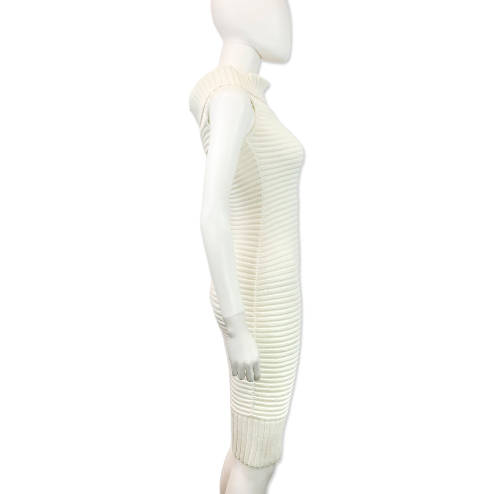 Chanel Spring 2009 White Ribbed Knit Cotton-Blend Off-The-Shoulder Sweater Dress