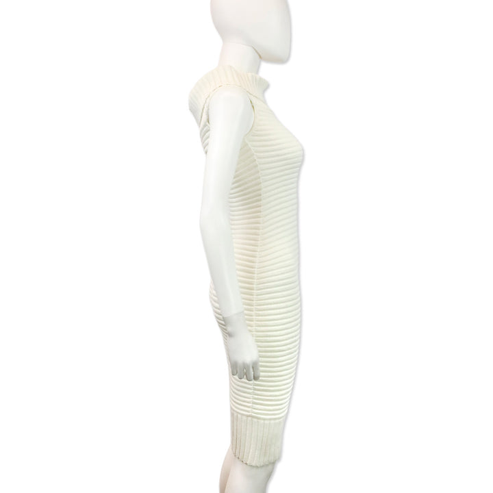 Chanel Spring 2009 White Ribbed Knit Cotton-Blend Off-The-Shoulder Sweater Dress