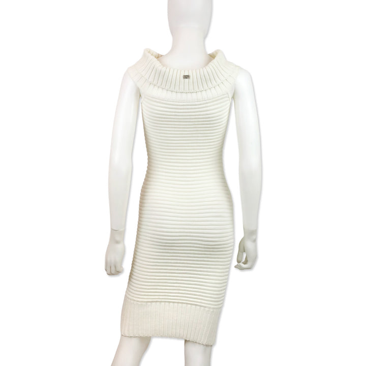 Chanel Spring 2009 White Ribbed Knit Cotton-Blend Off-The-Shoulder Sweater Dress
