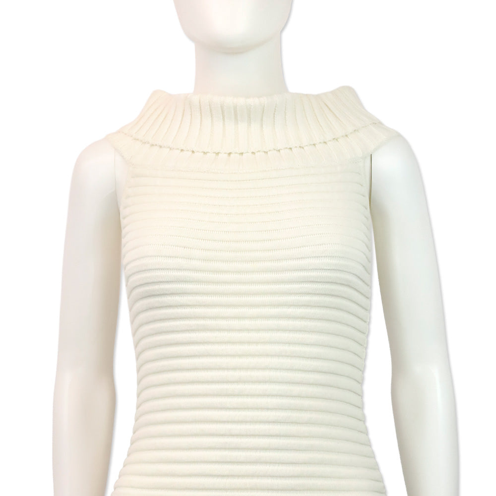 Chanel Spring 2009 White Ribbed Knit Cotton-Blend Off-The-Shoulder Sweater Dress