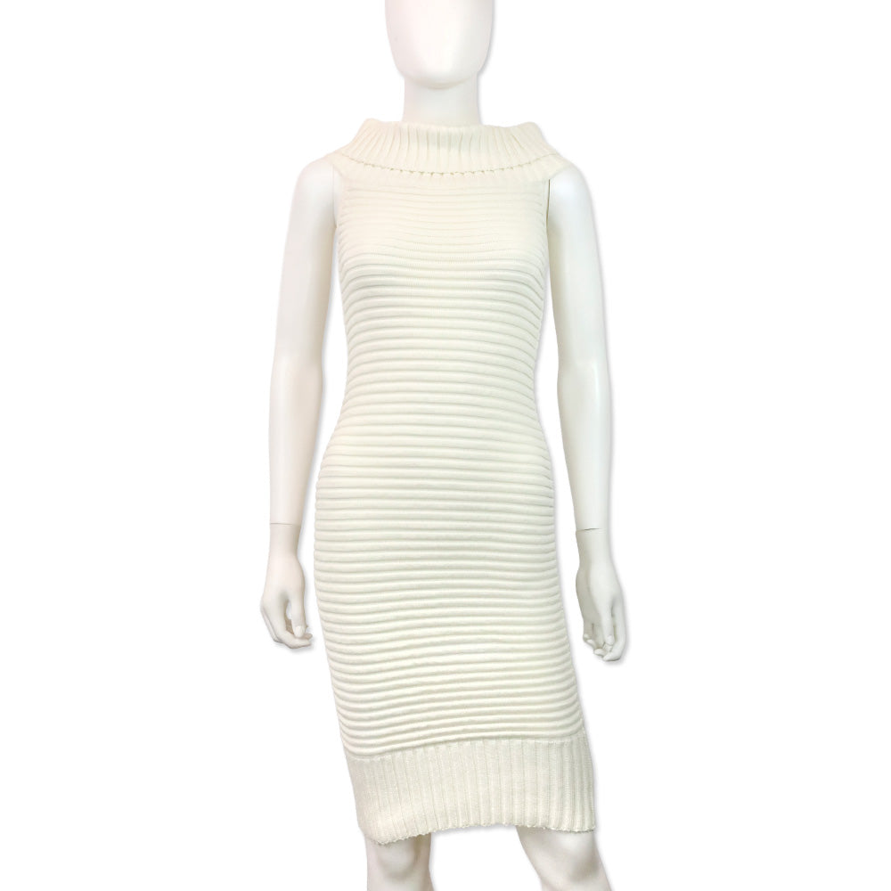 Chanel Spring 2009 White Ribbed Knit Cotton-Blend Off-The-Shoulder Sweater Dress