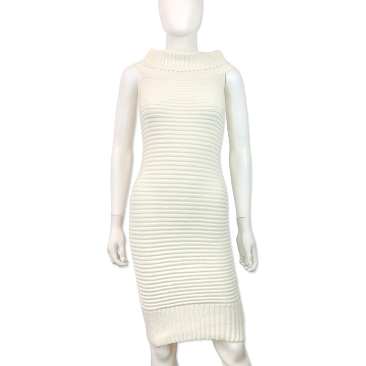 Chanel Spring 2009 White Ribbed Knit Cotton-Blend Off-The-Shoulder Sweater Dress