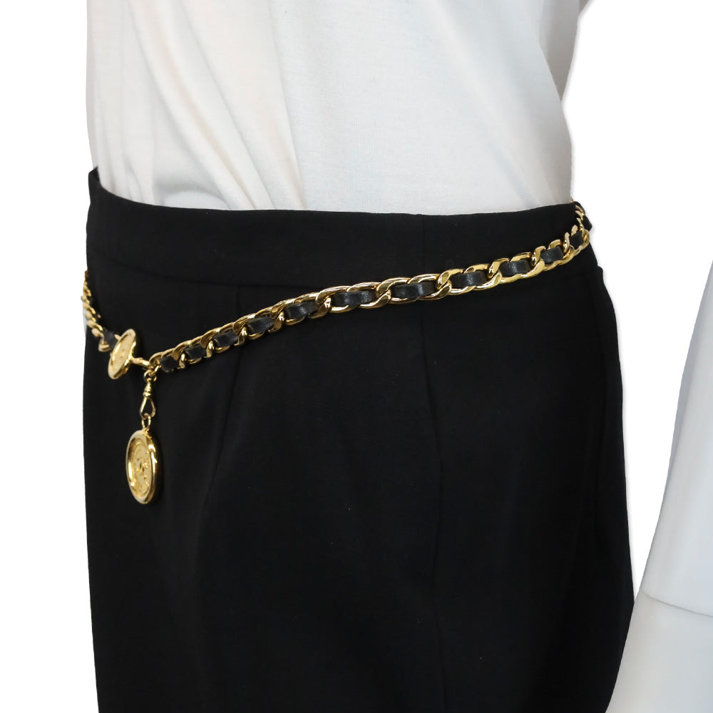 Chanel Vintage 1994 Black Leather Gold Chain-Link Medallion Belt