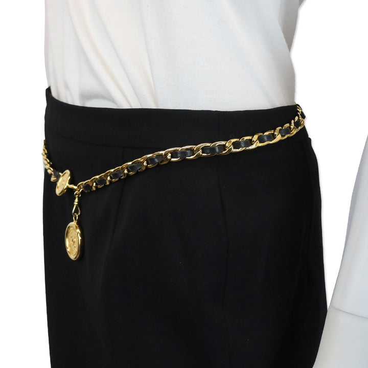 Chanel Vintage 1994 Black Leather Gold Chain-Link Medallion Belt