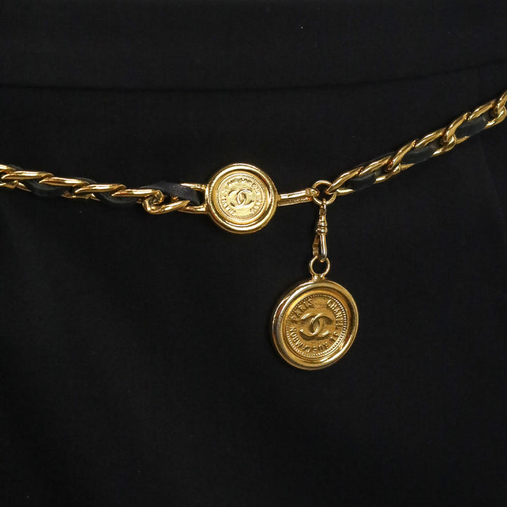 Chanel Vintage 1994 Black Leather Gold Chain-Link Medallion Belt