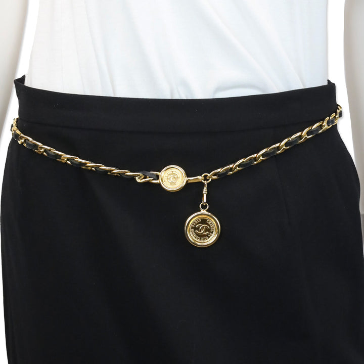 Chanel Vintage 1994 Black Leather Gold Chain-Link Medallion Belt