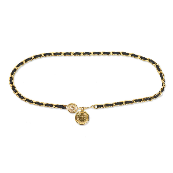 Chanel Vintage 1994 Black Leather Gold Chain-Link Medallion Belt