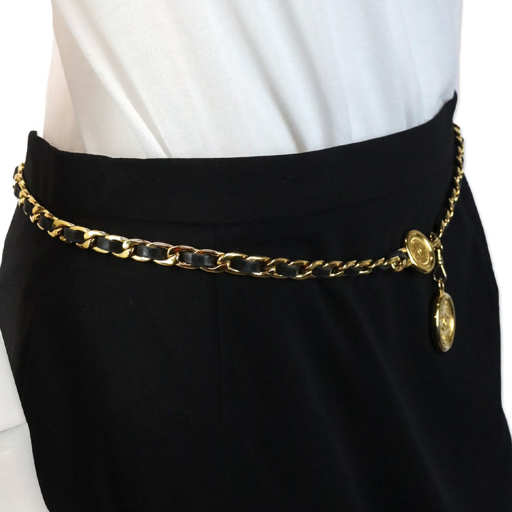 Chanel Vintage 1994 Black Leather Gold Chain-Link Medallion Belt